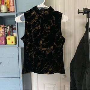 Black velvet tank top with gold cherry blossom pattern